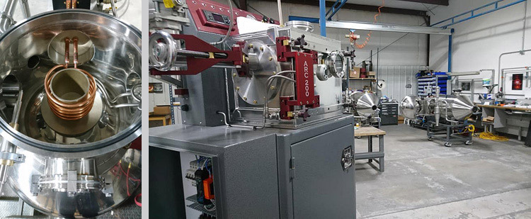 View inside the crucible of an induction melter, and three Arc 200's in final assembly